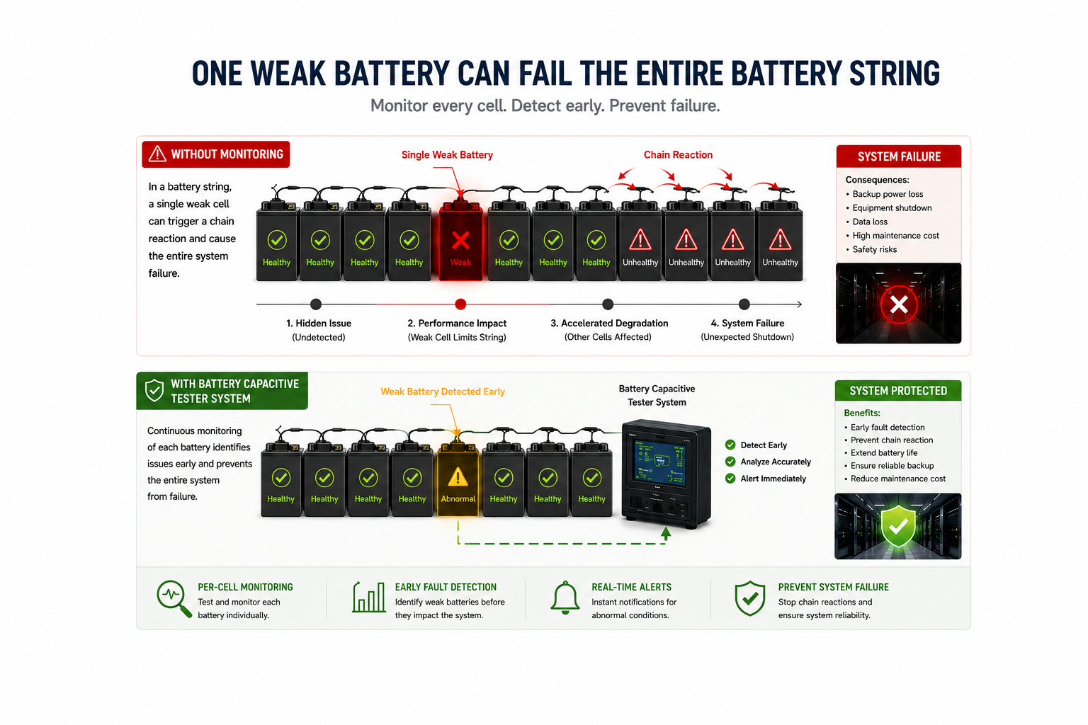Weak battery chain effect in UPS battery system