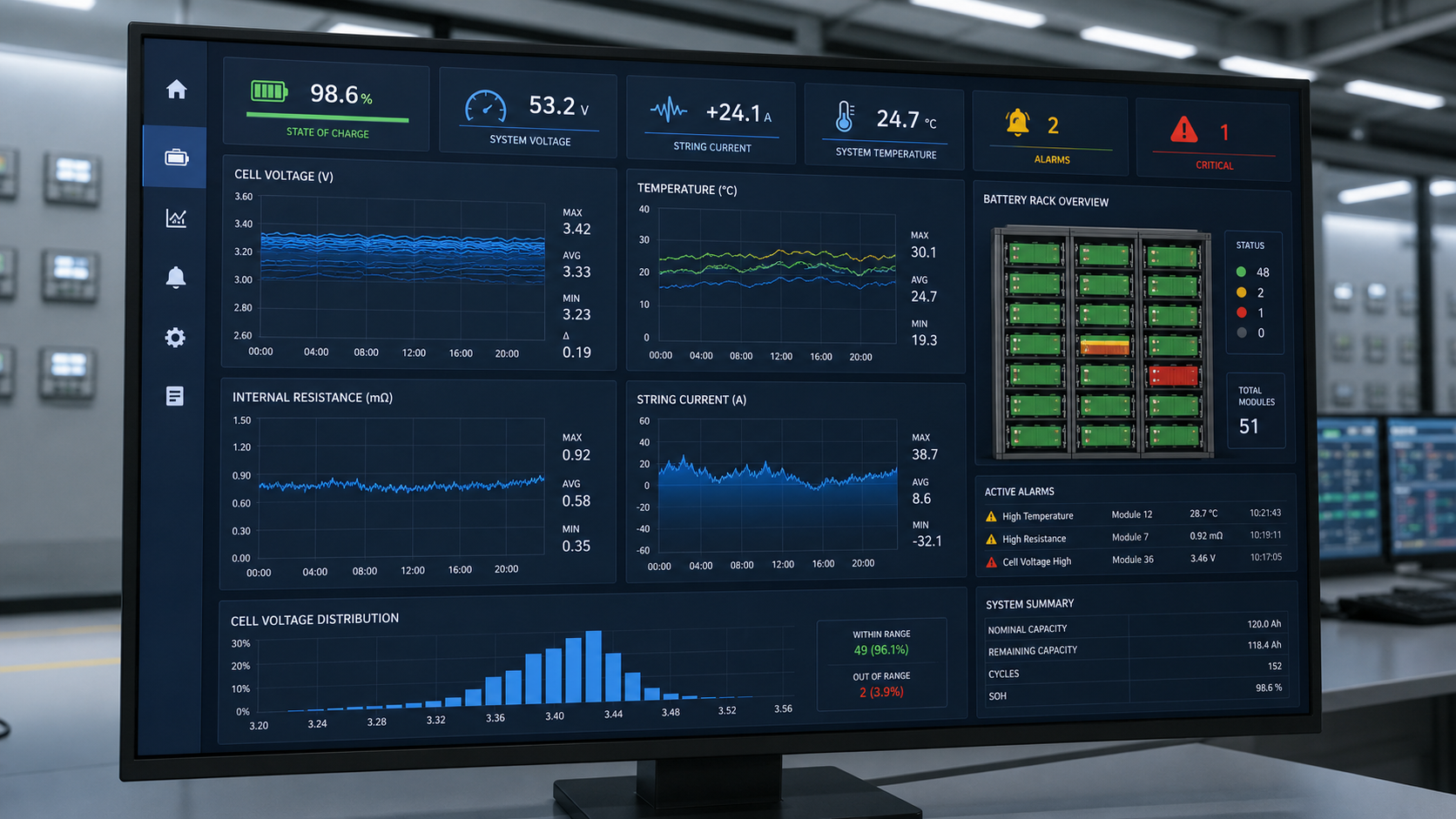 Substation battery monitoring dashboard showing cell voltage temperature and internal resistance