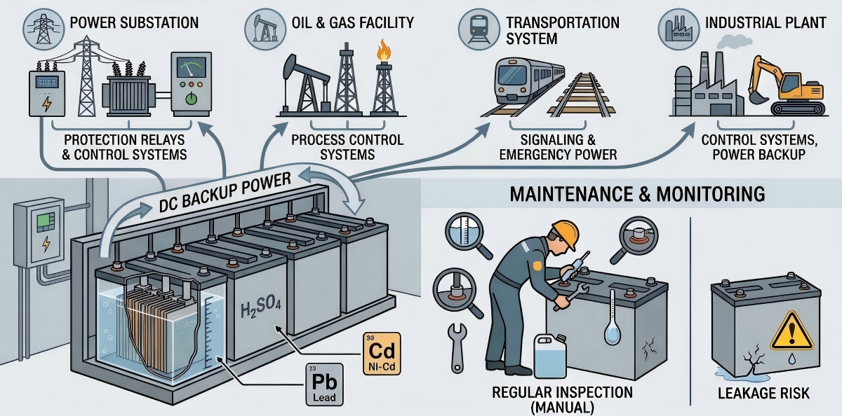 Flooded lead-acid and Ni-Cd battery monitoring applications in substations, oil and gas, transportation and industrial plants