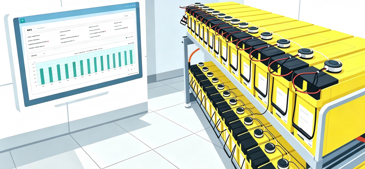 DFUN BMS monitoring dashboard beside a hospital backup battery rack